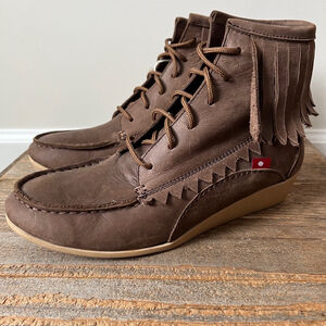 Oliberte Boots Brown Leather Fringe Boho Indie Granola Goblincore Retro Hippie